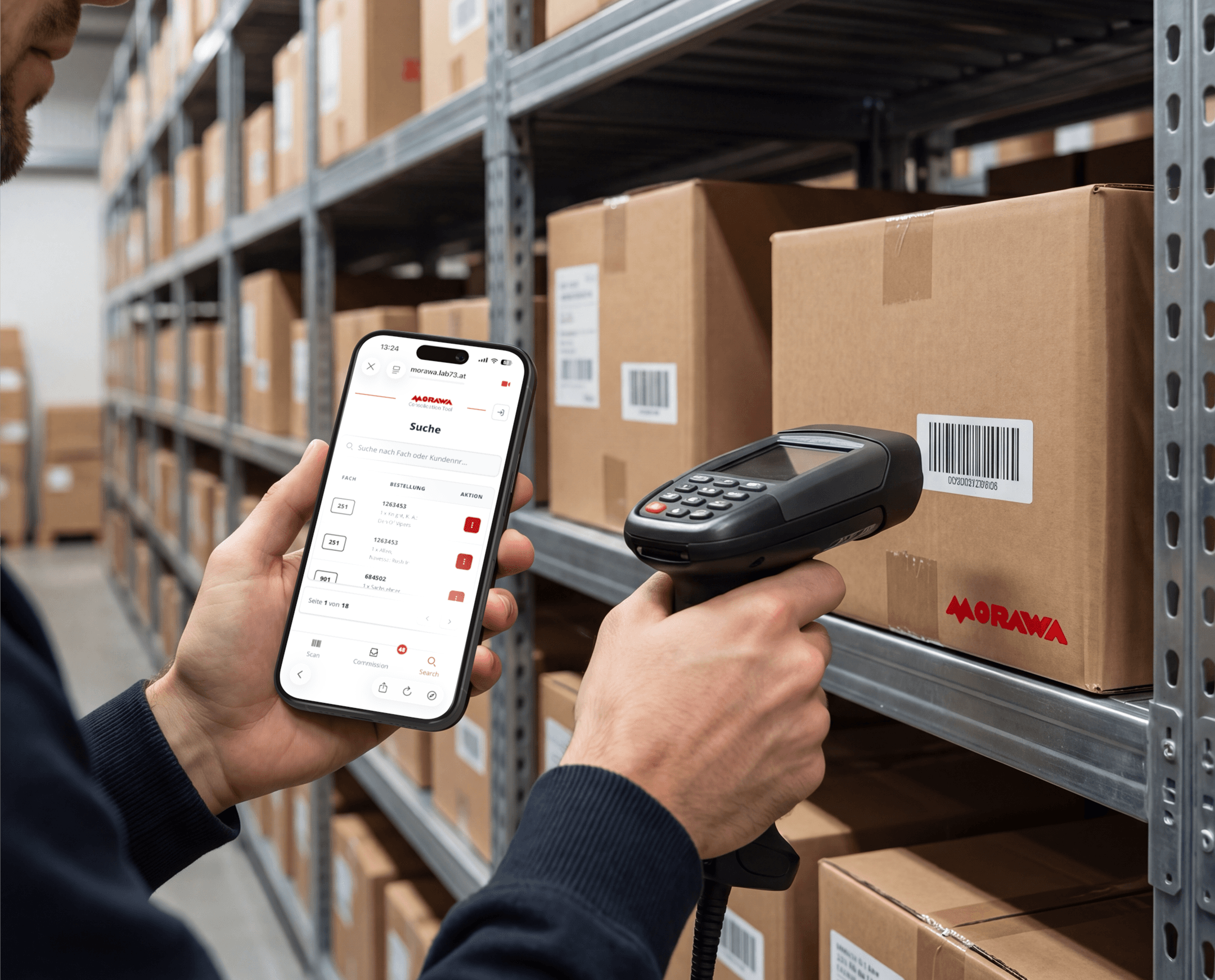 Morawa Online GmbH: Mobile Web-App zur Paketkonsolidierung im Zentrallager. Svelte auf Smartphone und Tablet, Supabase-Backend, ERP-Anbindung und Bluetooth-Laserscanner.